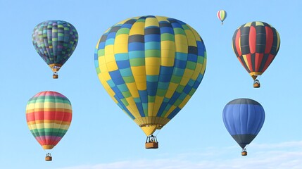 Fototapeta premium Six colorful hot air balloons soar against a bright blue sky.
