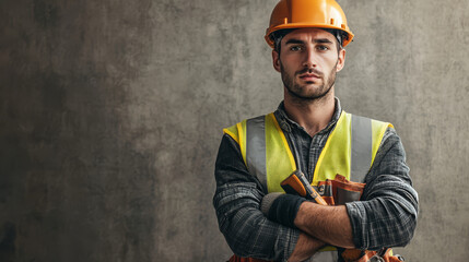 construction worker wearing yellow safety vest and orange hard hat stands confidently with arms crossed against concrete wall. serious expression adds to professional atmosphere