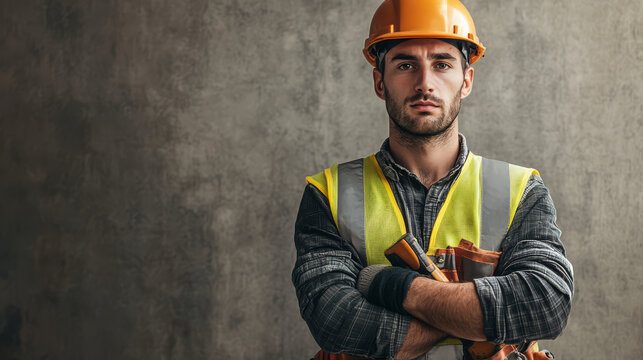 construction worker wearing yellow safety vest and orange hard hat stands confidently with arms crossed against concrete wall. serious expression adds to professional atmosphere
