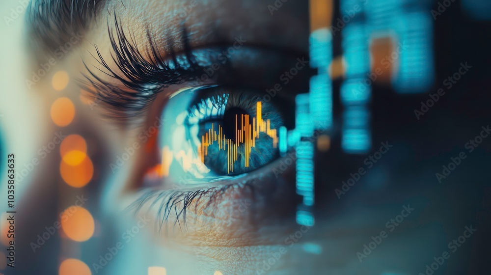 Poster close-up of a woman's eye with a data graph reflected in it.