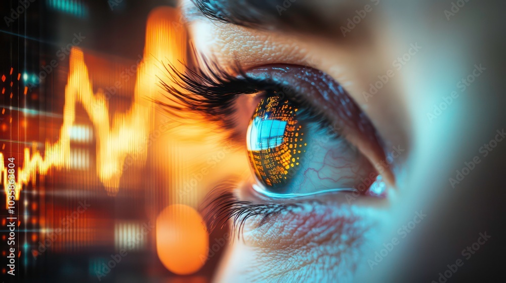 Poster close-up of a woman's eye with a data graph reflected in it.
