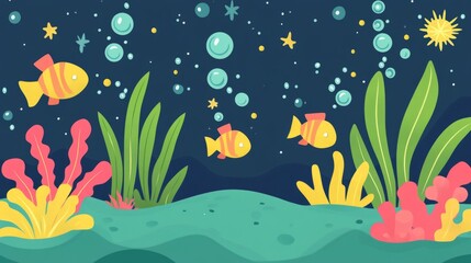 Three yellow fish swim in the ocean with bubbles and seaweed.