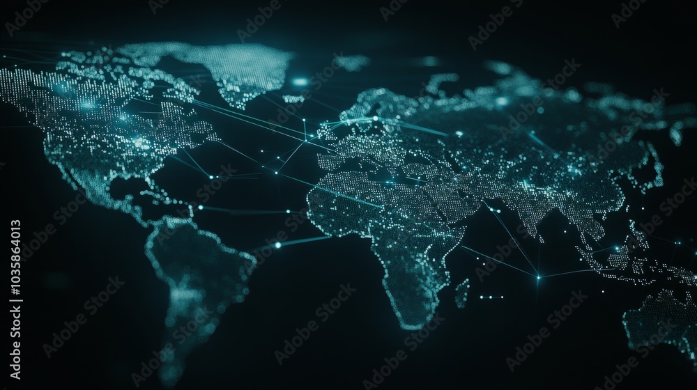 Poster a stylized world map with glowing lines connecting continents, representing global communication and