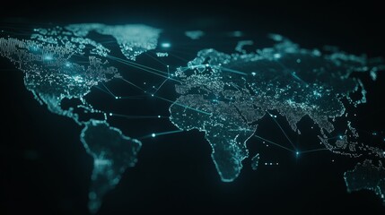 A stylized world map with glowing lines connecting continents, representing global communication and connection.