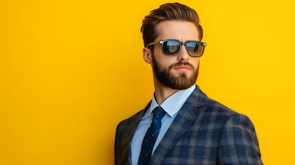 Confident businessman in formal attire, vibrant yellow backdrop, exuding professionalism and charisma, ideal for corporate branding and presentations