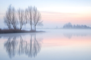 Fototapeta premium Serene Misty Lake at Dawn. Tranquil Waters Reflecting Pastel Sky and Silhouetted Trees