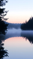 Fototapeta premium Serene Misty Lake at Dawn. Tranquil Waters Reflecting Pastel Sky and Silhouetted Trees