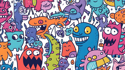 Obraz premium Colorful Doodle Monsters Wallpaper, vibrant cartoon characters, playful design, cheerful atmosphere, perfect for mobile devices, intricate patterns