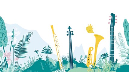 A vibrant illustration featuring a flute, violin, trumpet, and guitar amidst a tropical landscape.