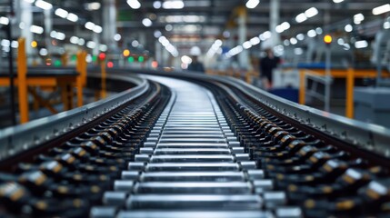 Naklejka premium Conveyor belt in a modern factory with diffused lights.
