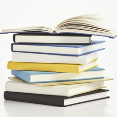 Naklejka premium A stack of colorful notebooks and an open book, symbolizing study and creativity.