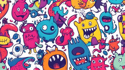 Colorful Cartoon Doodle Art with Cute Monsters, vibrant playful design for mobile wallpaper, lively atmosphere, perfect for smartphone screens