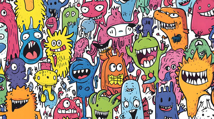 Obraz premium Playful Doodle Monsters, vibrant cartoon characters on white background, cheerful and lively design for mobile wallpaper, perfect for a fun aesthetic.