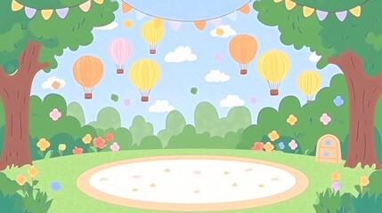 Obraz premium A whimsical illustration of a sunny day with a grassy field, two trees on either side, colorful hot air balloons floating in the sky, and a clearing in the middle.
