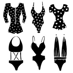 One-piece swimsuit icon collection. Simple black stylized shapes. Fashion clip art. Front, black and white