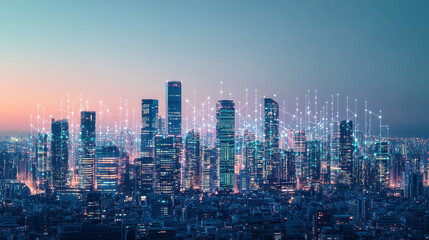 Obraz premium futuristic cityscape with skyscrapers and digital connections illuminates skyline at dusk, showcasing advanced technology and urban innovation