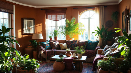 Fototapeta premium Cozy living room filled with plants and warm sunlight on a sunny afternoon