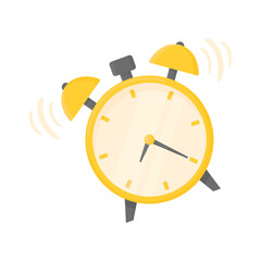 Classic alarm clock rings in cartoon style on a white isolated background. Golden antique alarm clock it's time to get up for work. A symbol that the time has come to do something.
