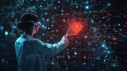A female doctor in a white coat interacts with a glowing red heart-shaped digital network.