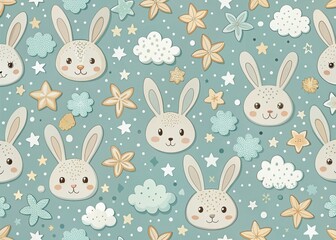 Vintage Cute Bunny Pattern - Adorable Blue Baby Print Illustration for Nursery Decor