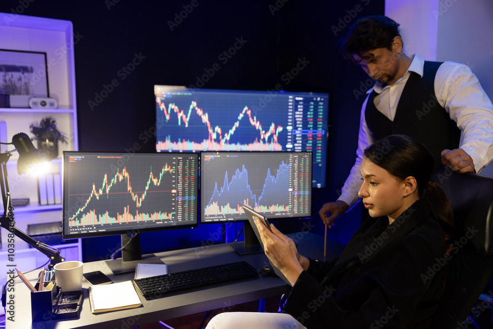 Poster two business traders discussing on dynamic stock exchange currency rate risk investment compare data