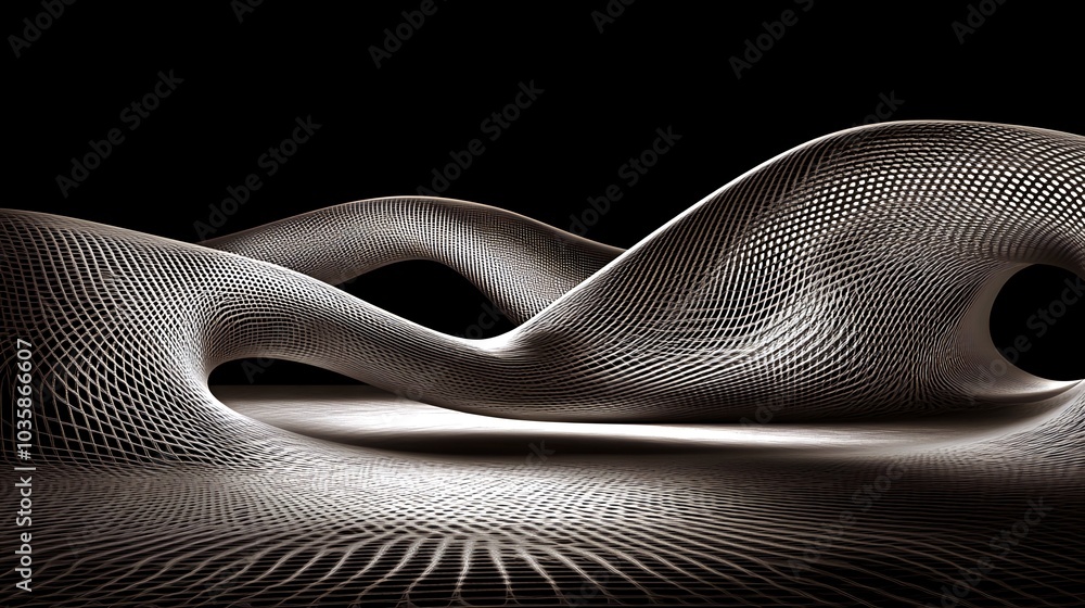 Poster abstract 3d rendered design of a geometric structure with a white mesh pattern against a black backg