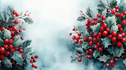watercolor christmas greeting card template adorned with holly branches and berries radiating a festive spirit perfect for spreading holiday cheer and seasonal joy among loved ones