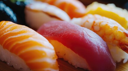 Traditional Japanese sushi assortment with fresh fish, rice, and wasabi, arranged on a wooden platter.