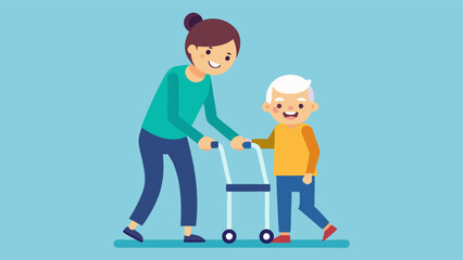Fototapeta premium Walking with Assistance A smiling elder being gently assisted by a younger family member while using a rollator highlighting the bond between generations.