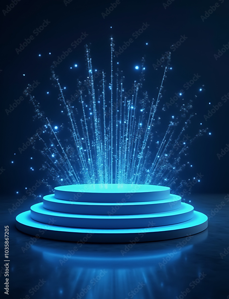 Poster AI powered podium features glowing growth data paths and ample space for business tech content display.