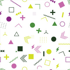 Seamless Memphis Pattern Design with green and pink colors on white isolated background
