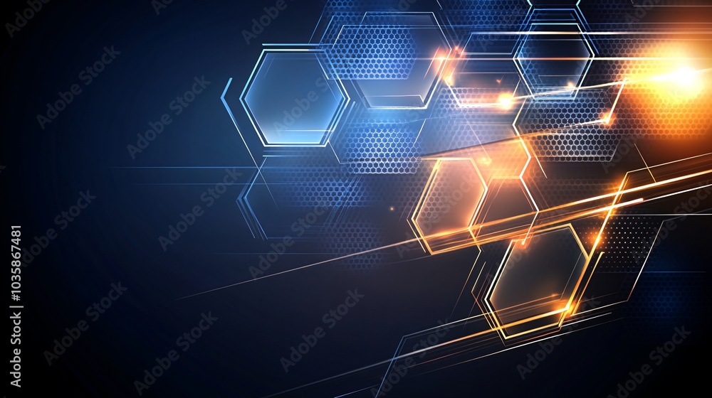 Poster abstract blue and orange hexagon pattern on a dark background with glowing lines and dots.