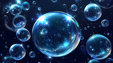 Luminous Air Bubbles on Dark Blue, Various Sizes, Shiny Texture, Vivid Contrast, Captivating Visual Depth, Enchanting Atmosphere