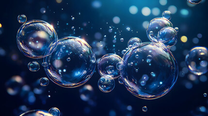 Naklejka premium Luminous Air Bubbles on Deep Blue, vibrant round bubbles of varying sizes float against a rich dark blue backdrop, creating a shiny, captivating scene