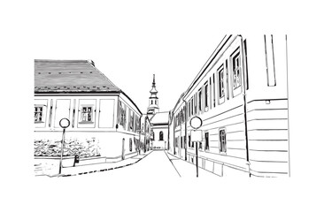 Building view with landmark of Budapest Hungary. Hand drawn sketch illustration in vector.