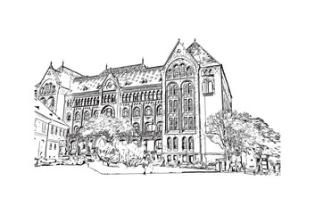 Building view with landmark of Budapest Hungary. Hand drawn sketch illustration in vector.