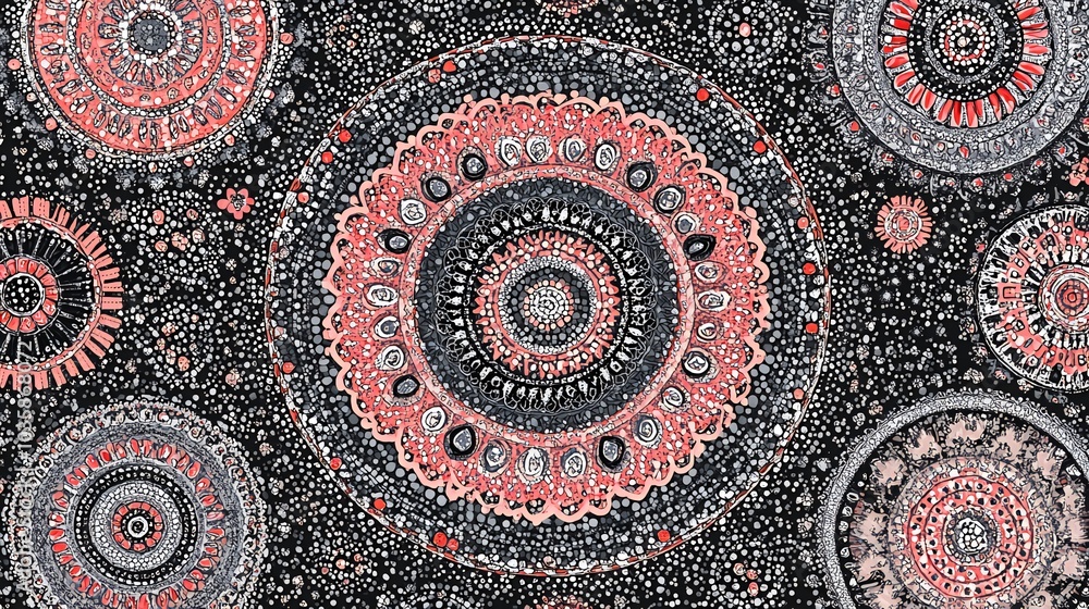 Poster abstract circular pattern with intricate designs in red, gray, and black on a black background.