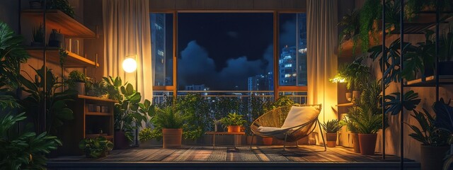 Obraz premium A cozy and modern balcony garden interior in the night, featuring a lush variety of plants with a view of the sky, captured in a bright and vibrant photo from inside.