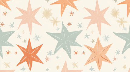 Christmas playful star pattern featuring pastel-colored stars in orange, peach, and mint green with subtle textures, perfect for festive or decorative themes.
