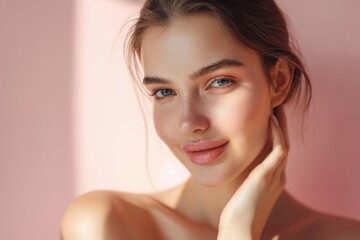 Fototapeta premium A Captivating Portrait of a Young Woman with Radiant Skin Smiling Against a Pink Background