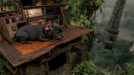 A grumpy baby dog sitting on a surreal throne, detailed 3D cartoon style, floating jungle background, sarcastic attitude 
