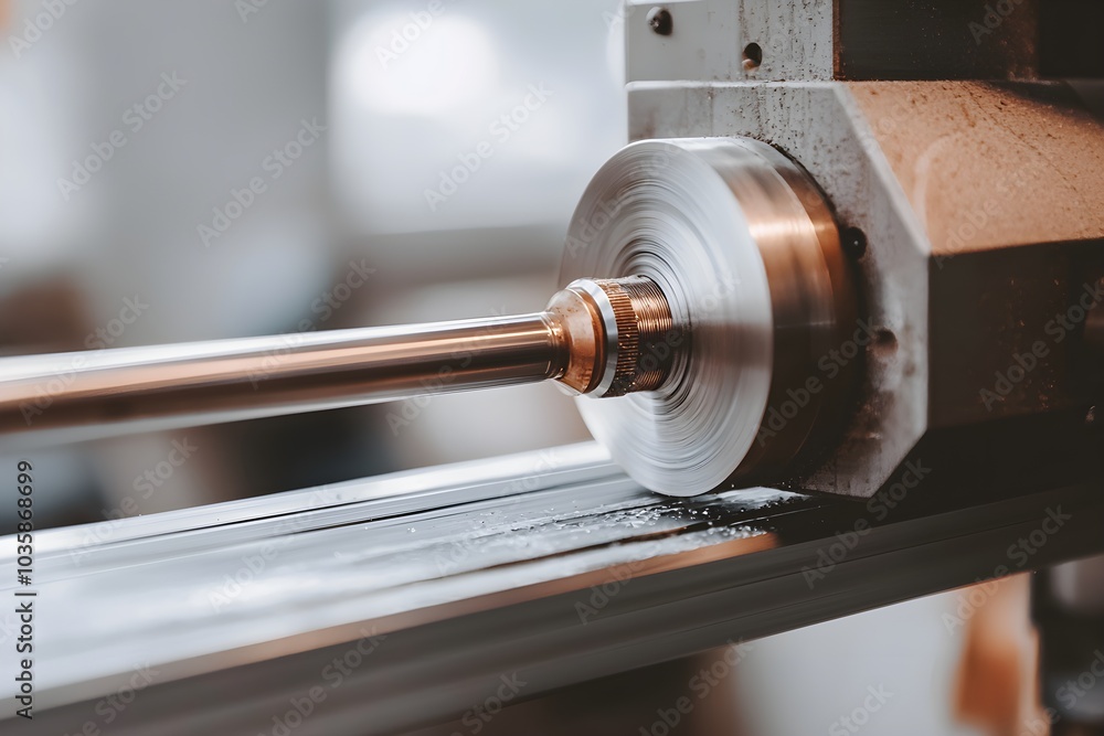 Poster close-up of a precision metal lathe in action, showcasing the intricate process of shaping metal com