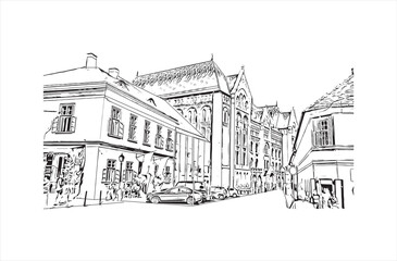 Building view with landmark of Budapest Hungary. Hand drawn sketch illustration in vector.