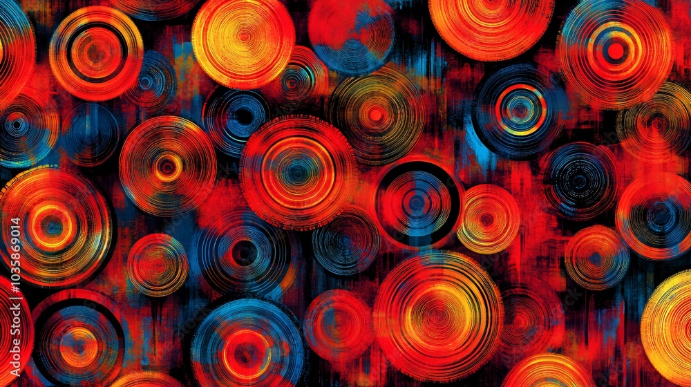 Poster abstract digital art with colorful concentric circles on a textured background.