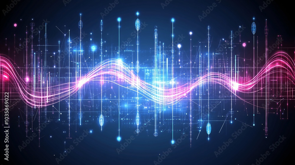 Poster abstract digital background with glowing lines and data.