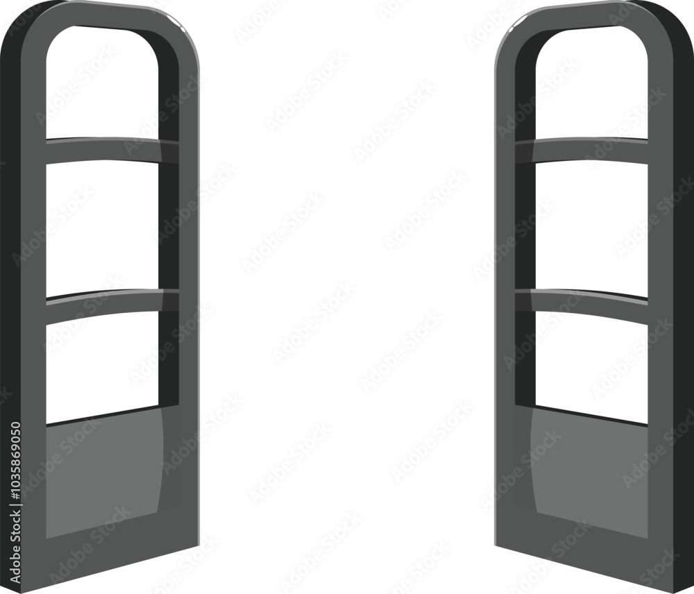 Poster two black security gates detecting metal objects entering a building