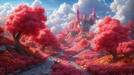 whimsical illustration of a sweet colorful world filled with candy trees fluffy clouds and cheerful characters creating a vibrant fantasy landscape that sparks joy and imagination