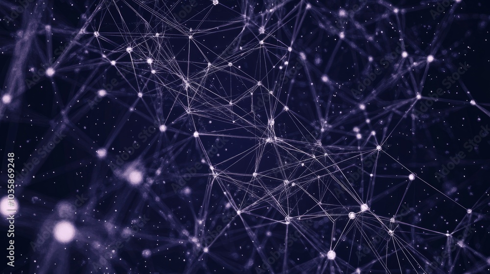 Poster abstract digital network with connected lines and dots on a dark purple background.