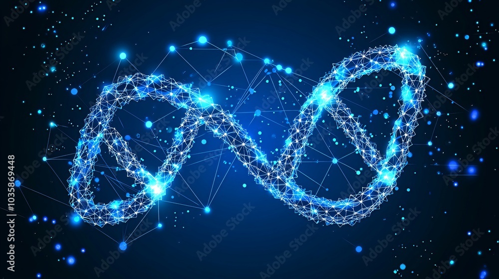 Poster abstract dna helix made of glowing lines and points.