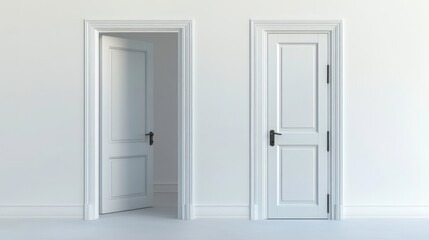 Two white doors, one open and one closed, against a white wall.